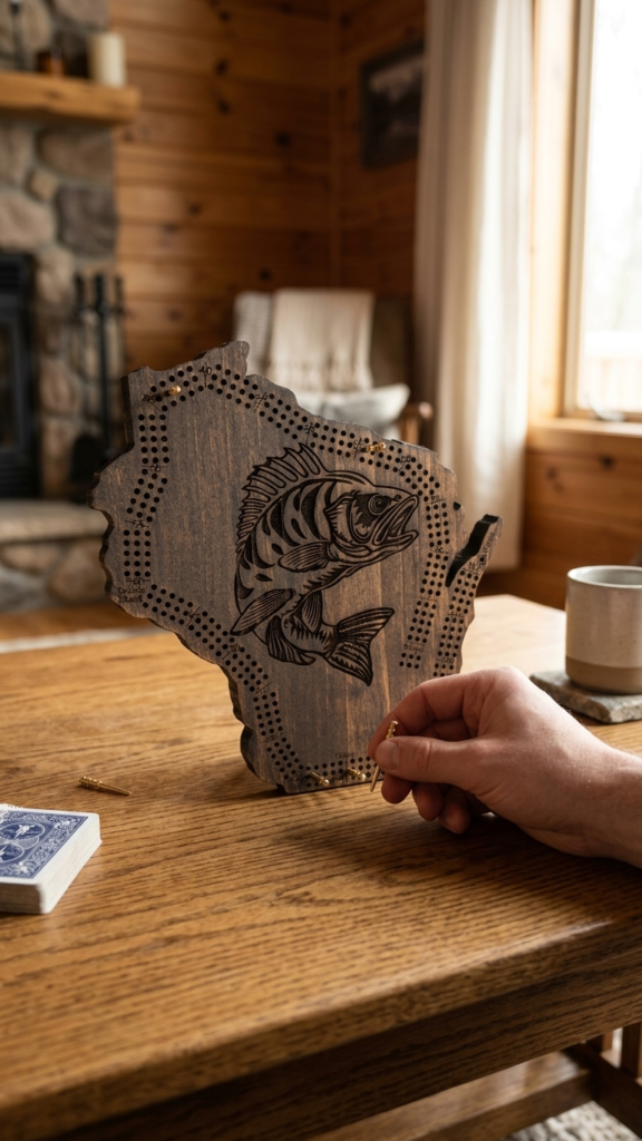 Wooden WI Cribbage Board with Perch
